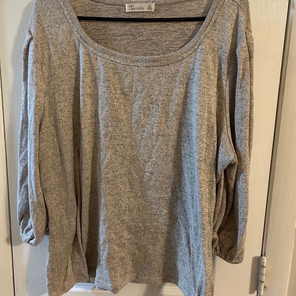 Grey Quarter length sleeve super soft crew neck rhinestone sweater